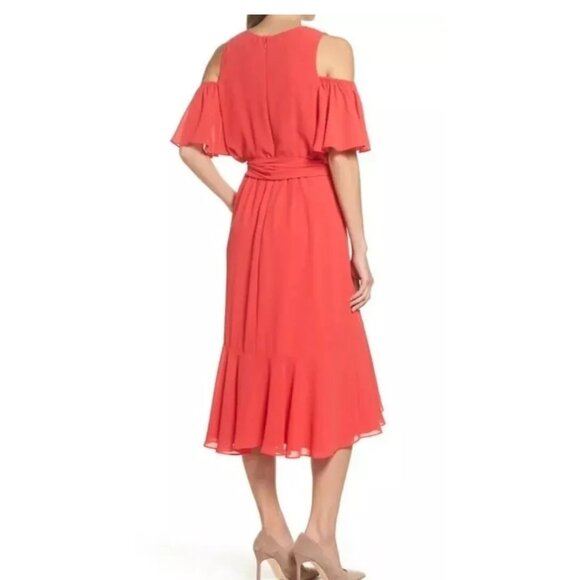 NWT Eliza J Poppy Cold Shoulder Ruffle Hi-Low Dress - Picture 2 of 10